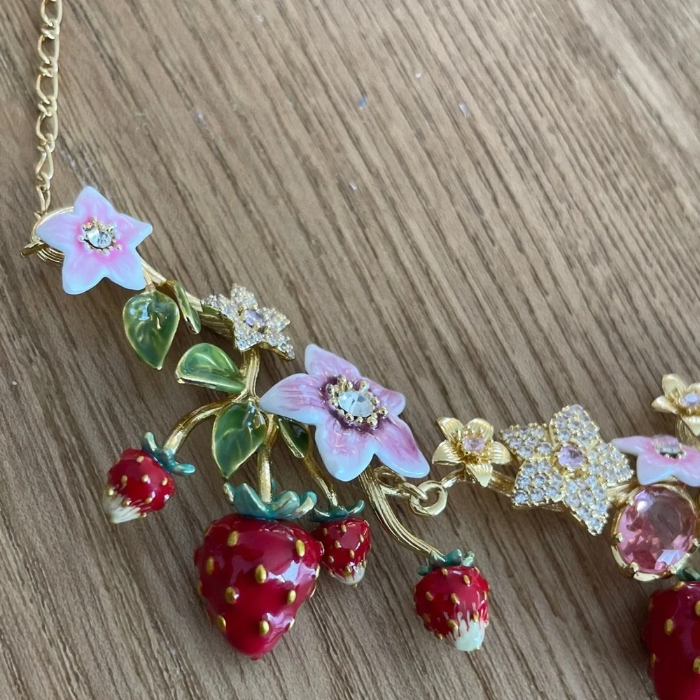 Anthropologie Pink, Red & Green Strawberry Floral Necklace - Picture 6 of 10